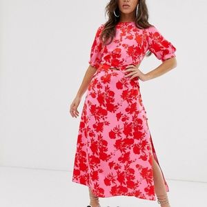 New ASOS DESIGN puff sleeve wrap front midi dress with cutout in floral print